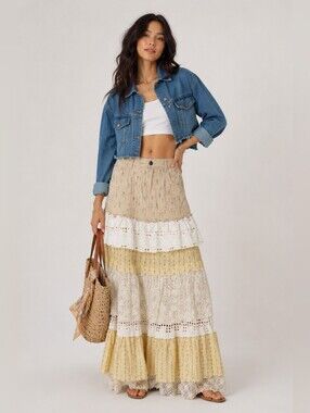 POL Boho Ruffle Patchwork Tiered Maxi Skirt - Yellow Cream Lace Mix Size Small